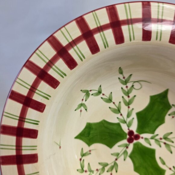 Los Angeles Pottery Laurie Gates Holiday Soup Bowl Green & Red Holly & Plaid - Picture 3 of 15